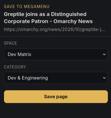 Save to Megamenu popup with the page title, a space, a category, and the Save page button